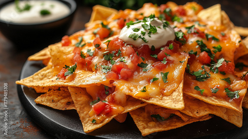 Plate of Delicious Nachos Topped with Cheese, Tomatoes, and Sour Cream photo