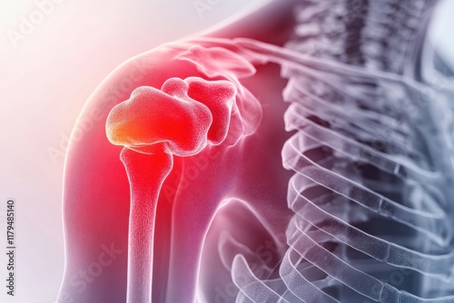 3D X-ray of human shoulder with pain point highlighted in red