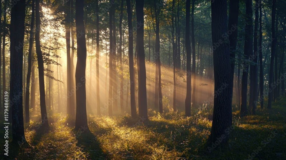 Fototapeta premium Sunbeams Dancing Through Misty Forest