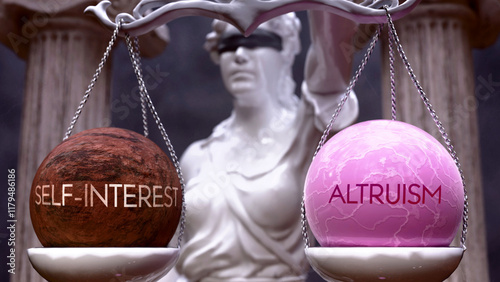 Self-Interest or Altruism as a choice, two options to choose from. Greek statue presenting two alternatives: self-interest or altruism, weighing their values. ,3d illustration photo