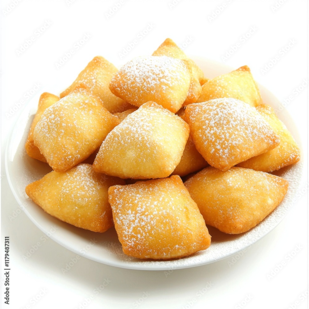 Golden Fried Pastry Snacks with Powdered Sugar on a White Plate Ready to Serve for Desserts or Sweet Treats Golden Fried Pastry Snacks with Powdered Sugar on a White Plate Ready to Serve for Desserts or Sweet Treats