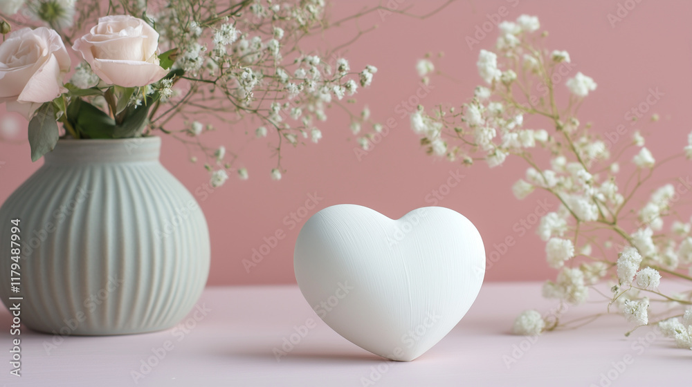 Obraz premium valentines day white ceramic heart on pastel pink table with vase of flowers