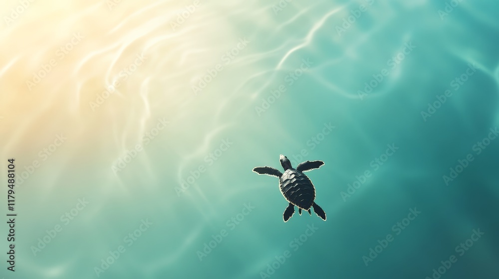 Fototapeta premium Baby sea turtle swimming gracefully through the turquoise ocean waters. Navigating towards the sunlight filtering through the rippling surface. Embodying the spirit of marine life and new beginnings