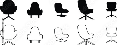 Office armchair icon set. Furniture for office Interior. Wireframe low poly mesh flat and line vector collection isolated on transparent background. Gaming chairs comfortable equipment for work