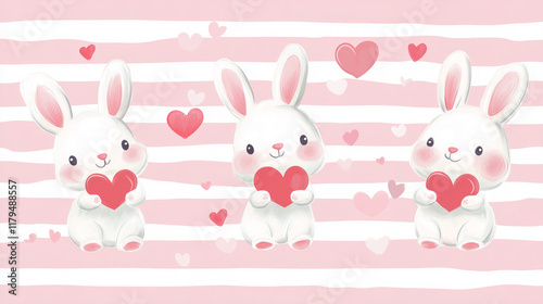 Fototapeta Naklejka Na Ścianę i Meble -  valentines day pink stripes background with cartoon bunnies holding hearts

