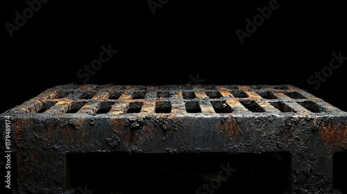 Rusty, oil-stained metal grate isolated on black background. photo