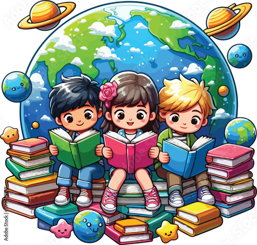 Artistic depiction of World Children’s Book Day, with children reading against a line art Earth and books nearby