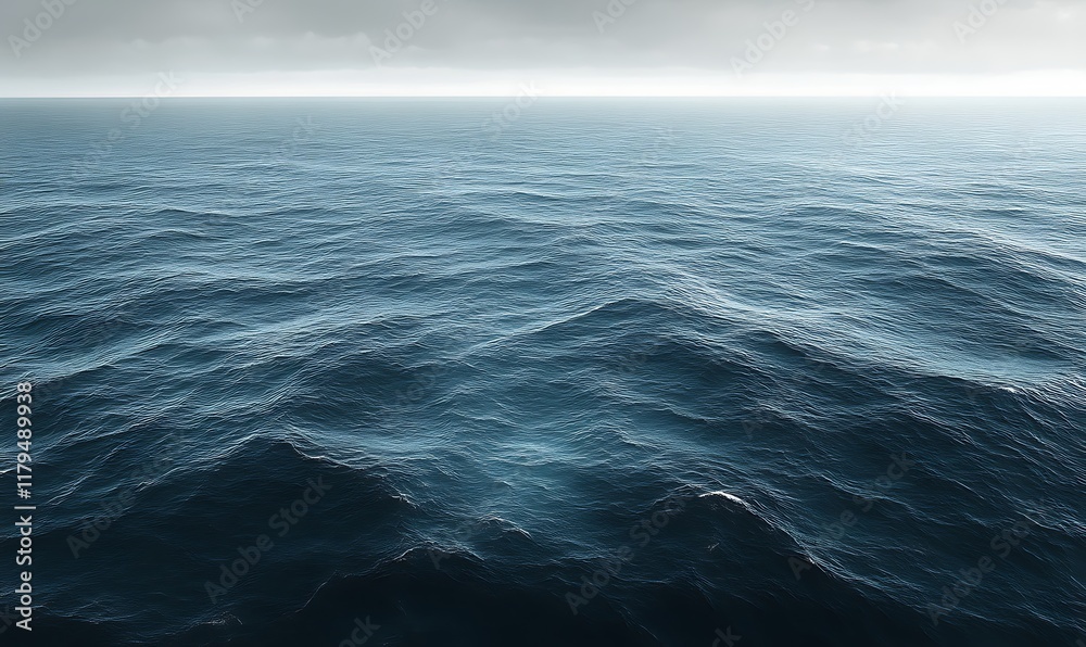 Calm ocean surface with dark blue waves under a cloudy sky.