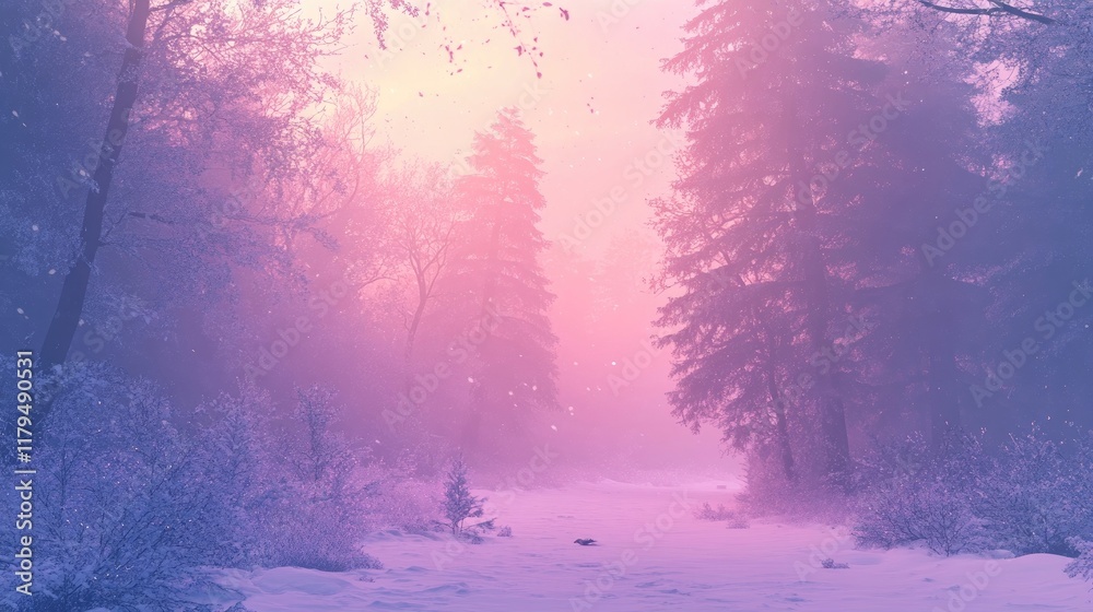 A misty winter forest at dawn, where the pale pink and purple hues of sunrise create a dreamy atmosphere over the snow. A misty winter forest at dawn, where the pale pink and purple hues of sunrise create a dreamy atmosphere over the snow.