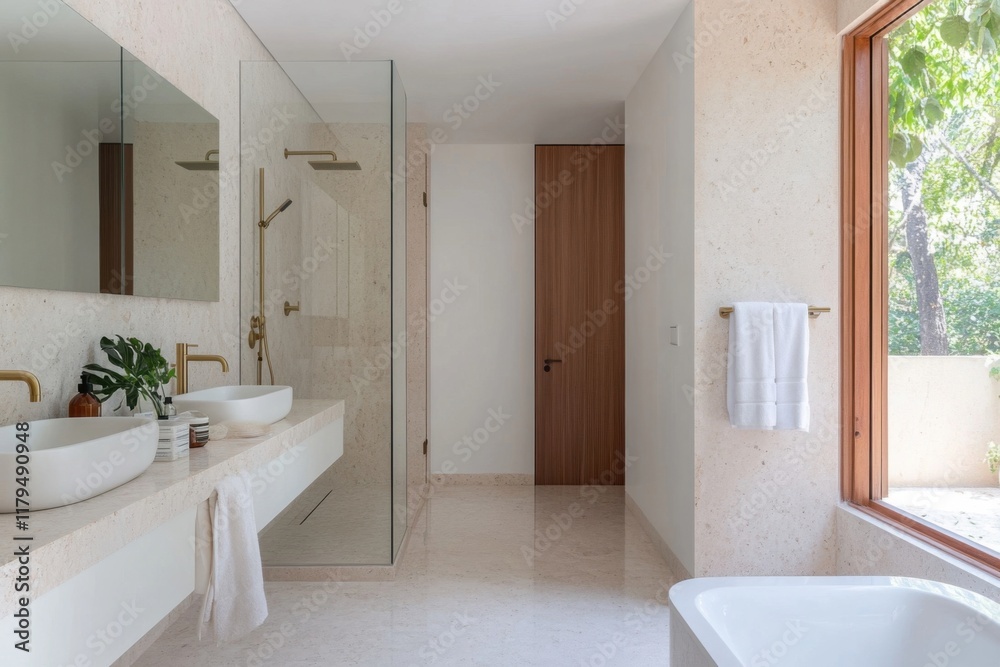 Modern bathroom with double sink, shower and bathtub showing nature outside Modern bathroom with double sink, shower and bathtub showing nature outside
