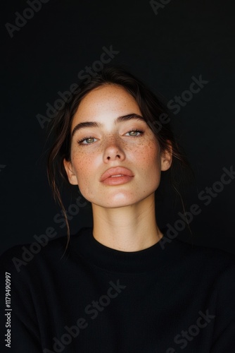 Portrait of young woman with freckles showing natural beauty