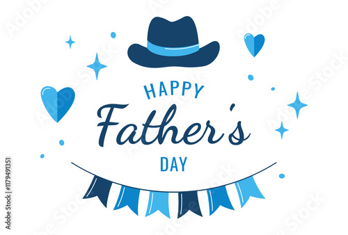Father's Day banner with hat, flags, hearts, stars, confetti. Father's Day holiday illustration for greeting card, poster, flyer, social media. Vector illustration on white background
