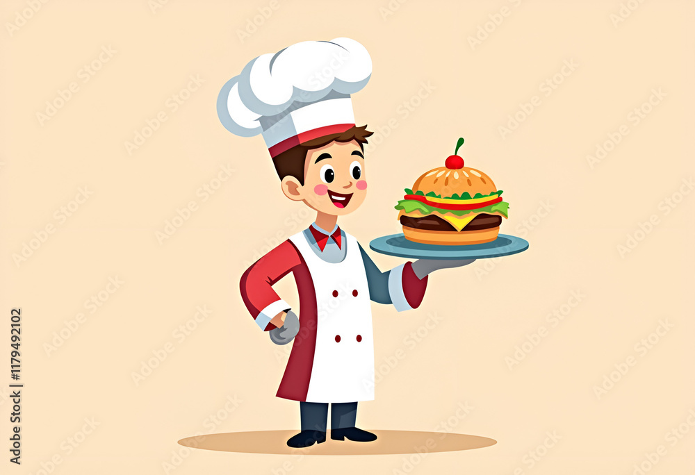 Cheerful cartoon chef holding a burger on a plate with a smile in a bright kitchen setting
