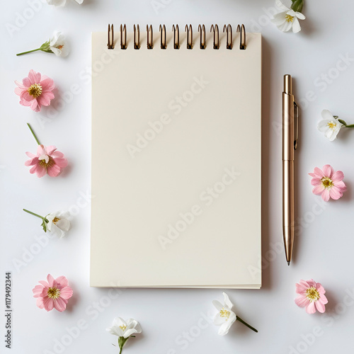 On a white background with small pink and white flowers, lies a notebook on a spring located on top, with a clean sheet facing up, and a pen lies next to it.