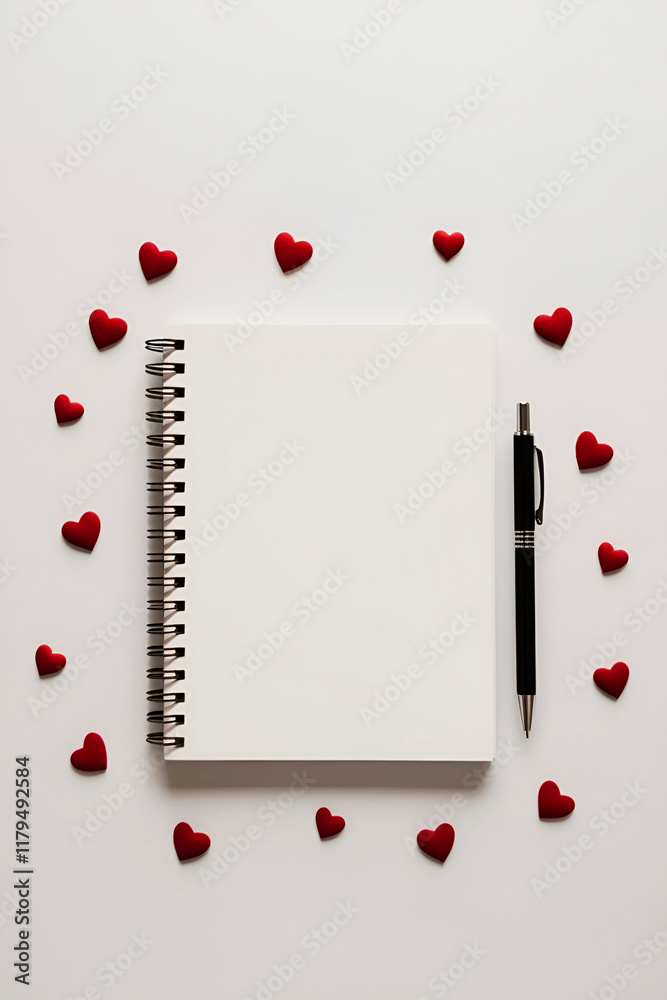 On a white background with red hearts, a notepad on a spring with a clean sheet facing up, a pen lying nearby. On a white background with red hearts, a notepad on a spring with a clean sheet facing up, a pen lying nearby.
