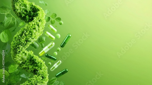 Vibrant healthy double helix with fresh food and capsules green background graphic design nature conceptual health