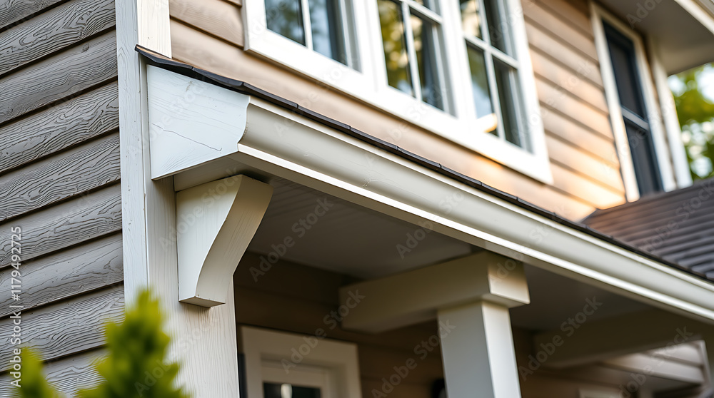 Close-up view of a house exterior showcasing light brown wood siding, white vinyl gutters and fascia, and white trim around windows. A portion of a covered porch is visible with white columns. Close-up view of a house exterior showcasing light brown wood siding, white vinyl gutters and fascia, and white trim around windows. A portion of a covered porch is visible with white columns.