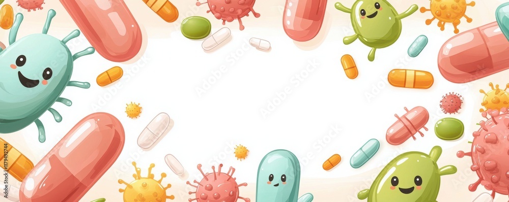 Healthy gut microbiome illustration science cartoon cells and pills vibrant environment playful viewpoint wellness concept Healthy gut microbiome illustration science cartoon cells and pills vibrant environment playful viewpoint wellness concept