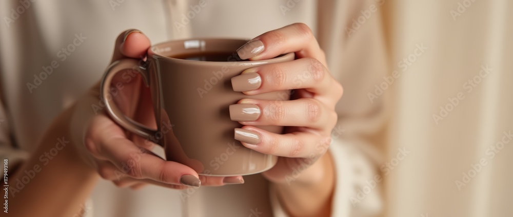 women's hands with mocha mousse manicure holding a cup of coffee of the same color, Modern manicure color 2025 Mocha mousse. women's hands with mocha mousse manicure holding a cup of coffee of the same color, Modern manicure color 2025 Mocha mousse.
