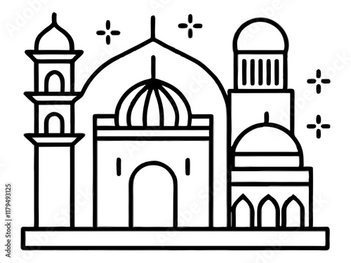 Minimalist mosque illustration, geometric shapes, domes and minarets, crescent moon, star, circular design elements, black and white line art, Islamic architecture, symmetrical composition, simplified