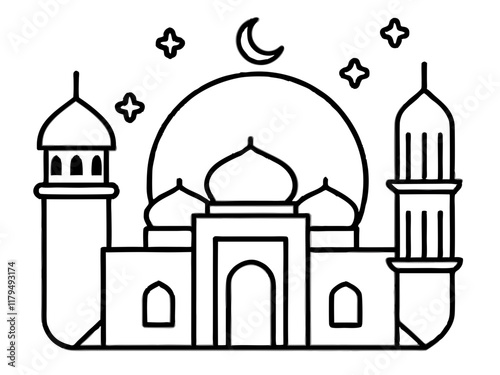 Minimalist mosque illustration, geometric shapes, domes and minarets, crescent moon, star, circular design elements, black and white line art, Islamic architecture, symmetrical composition, simplified