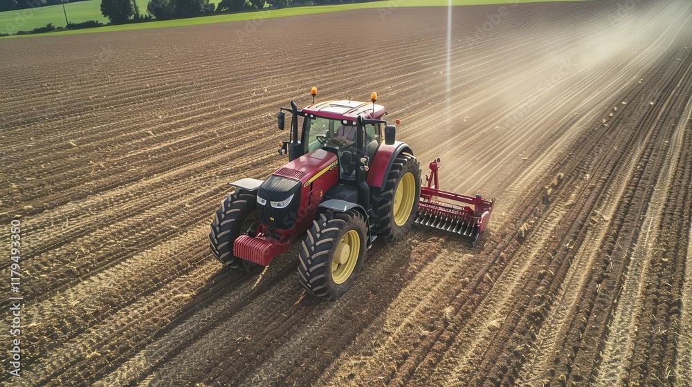 Fototapeta premium Red tractor plowing a vast field during golden hour in rural countryside landscape.