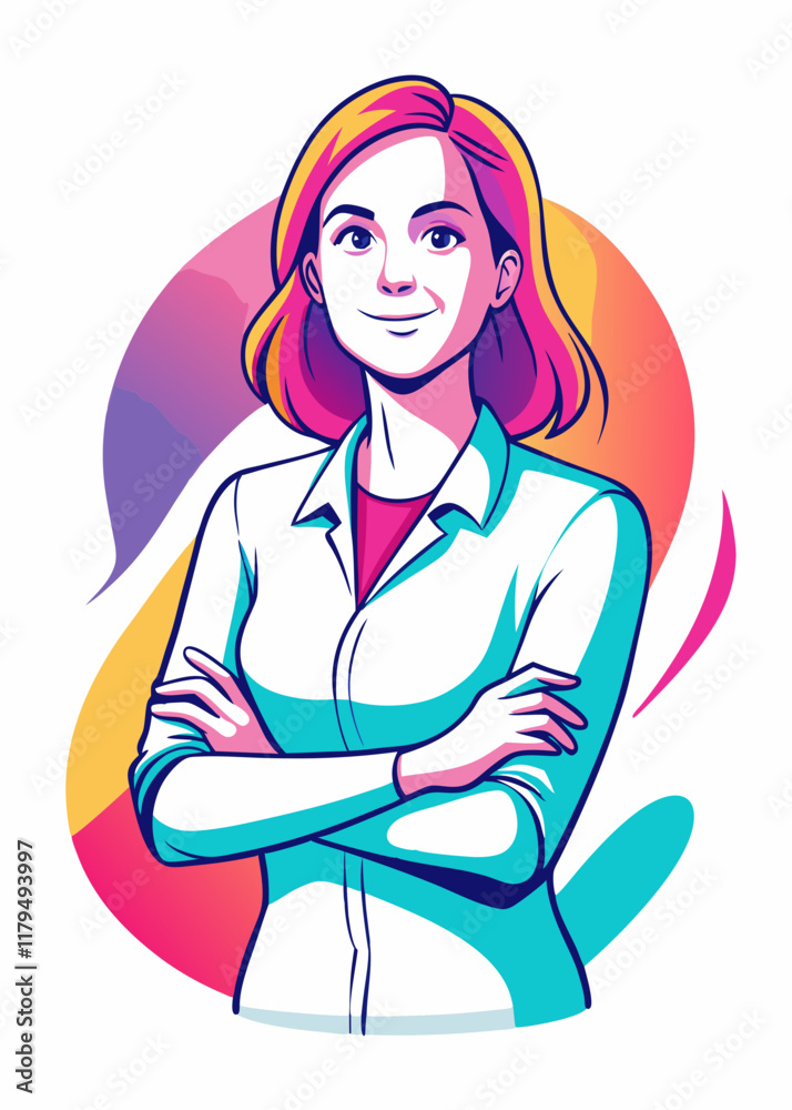Confident woman smiling with arms crossed, determined female professional standing with self-assured expression, vector illustration.
Confident woman smiling with arms crossed, determined female professional standing with self-assured expression, vector illustration.