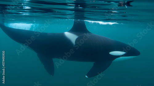 Wild orcas or killer whales in Nemuro strait, Hokkaido, Japan. Orca hunting whales. Unique shot og giant wild orca in natural habitat dive deep into ocean showing fin. South Africa. Wild life mammals. photo