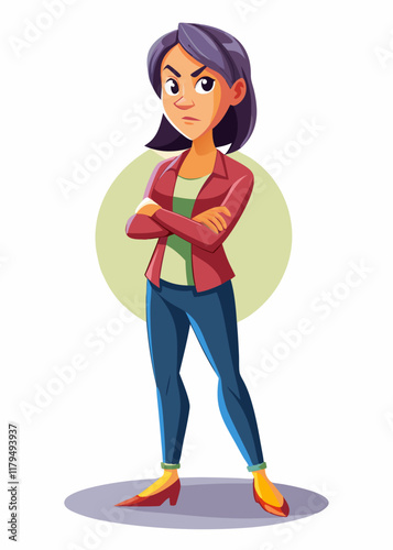 Frustrated woman with armed crossed and tense posture, brows furrowed, teeth gritted in anger. Emotional female character showing irritation, stress, and rage, vector art.
