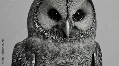 Majestic black and white owl perched calmly, showcasing intricate feather patterns and intense gaze