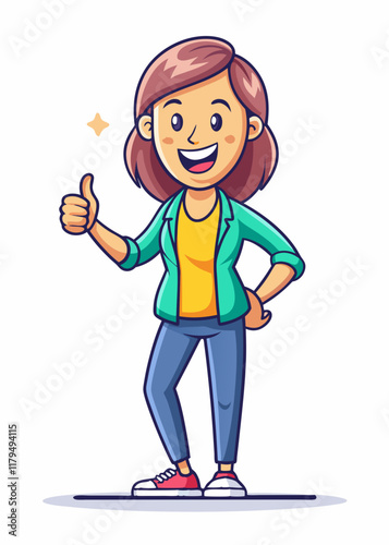 Mujer feliz dando un pulgar hacia arriba con una sonrisa brillante. Personaje femenino alegre que expresa positividad y aprobación en una moderna ilustración de vector plano.