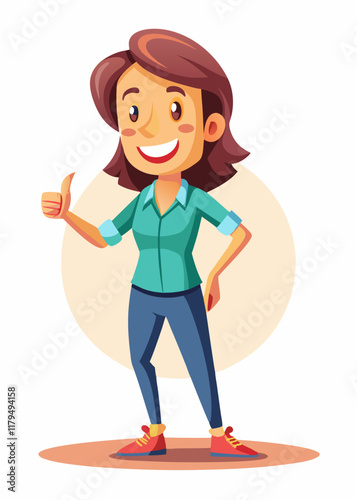 Mujer feliz dando un pulgar hacia arriba con una sonrisa brillante. Personaje femenino alegre que expresa positividad y aprobación en una moderna ilustración de vector plano.