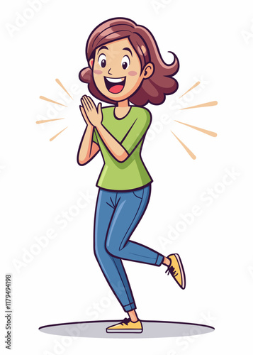 Excited woman clapping hands with wide eyes and joyful expression, celebrating success with happiness and enthusiasm.
