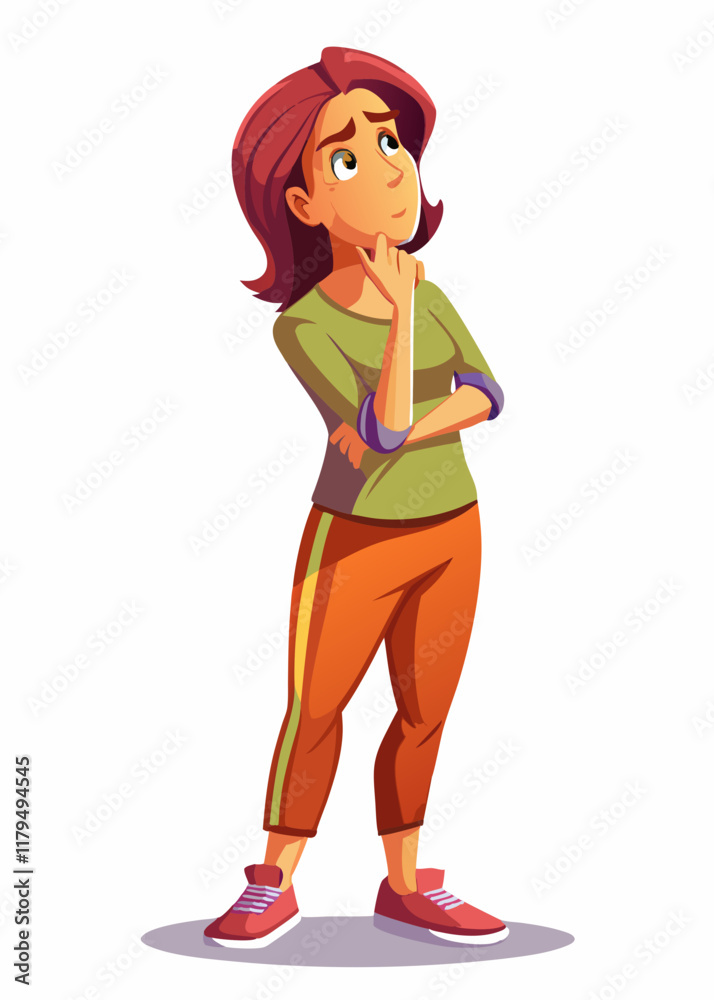 Thoughtful woman with hand on chin, looking up as if deep in thought, vector illustration of pensive female character reflecting on ideas.
Thoughtful woman with hand on chin, looking up as if deep in thought, vector illustration of pensive female character reflecting on ideas.