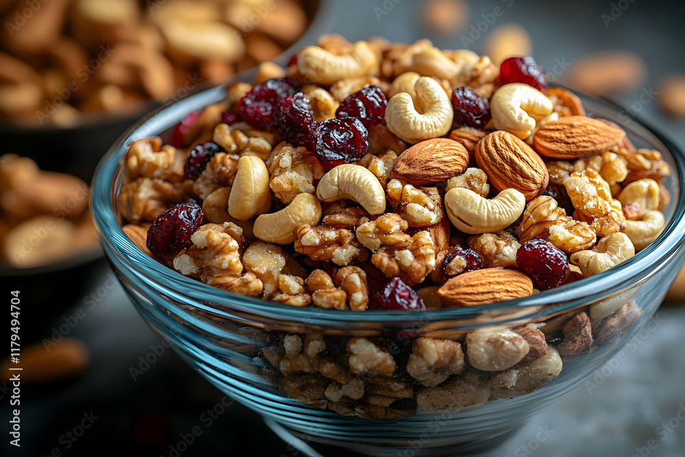 Close-up of a glass bowl filled with a mix of nuts and dried cranberries. A healthy and delicious snack option. Close-up of a glass bowl filled with a mix of nuts and dried cranberries. A healthy and delicious snack option.