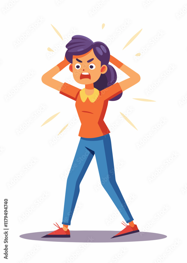 Mujer frustrada tirando de su cabello, con expresión estresada y el ceño fruncido. Mujer frustrada tirando de su cabello, con expresión estresada y el ceño fruncido.