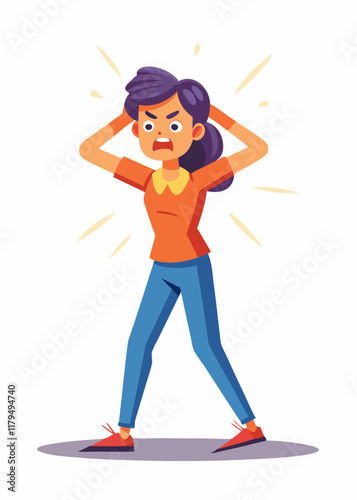 Mujer frustrada tirando de su cabello, con expresión estresada y el ceño fruncido.