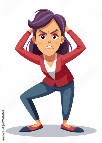 Mujer frustrada tirando de su cabello, con expresión estresada y el ceño fruncido.
