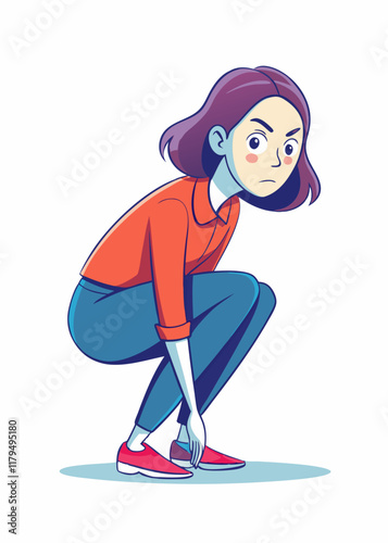 Mujer enfocada inclinándose hacia adelante, tocándose las piernas con mirada intensa y postura fuerte, ilustración vectorial de un personaje femenino confiado que muestra determinación.
