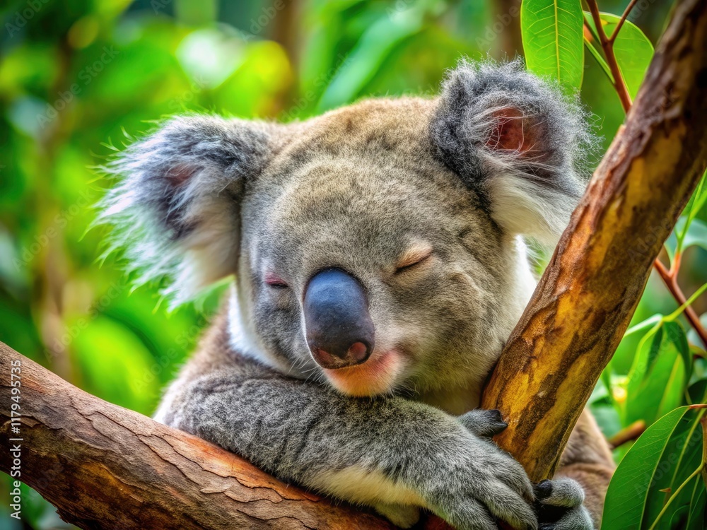 Obraz premium A close-up of a cute, sleeping koala, exemplifying the rule of thirds in stunning Australian wildlife photography.