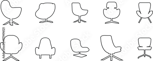 Office armchair icon set. Furniture for office Interior. Wireframe low poly mesh line vector collection isolated on transparent background. Gaming chairs comfortable equipment for work