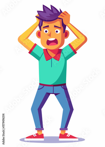 Hombre frustrado apretando los dientes con las manos en la cabeza, hombre estresado sintiendo presión y ansiedad, ilustración vectorial.