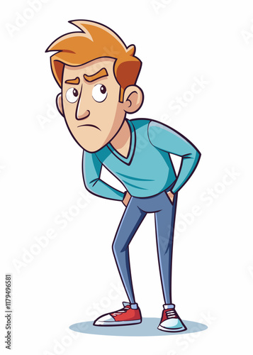 Curious man with one eyebrow raised, leaning forward with questioning look. Vector illustration of puzzled male expression, isolated on white background.
