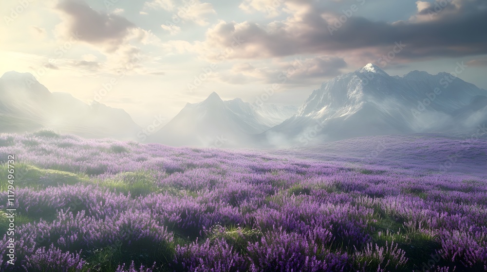 Naklejka premium A meadow covered in soft purple heather with mountains in the background.