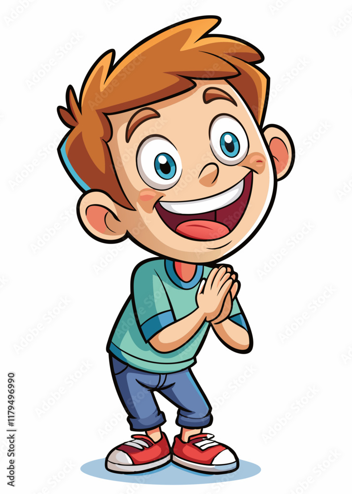 Excited kid clapping hands with bright eyes and big smile. Happy child expressing joy and excitement in colorful vector illustration. Excited kid clapping hands with bright eyes and big smile. Happy child expressing joy and excitement in colorful vector illustration.