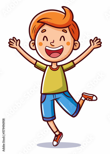 Happy kid jumping with joy, arms outstretched and wide grin. Cheerful child celebrating excitement, young boy with big smile expressing happiness in playful pose.


