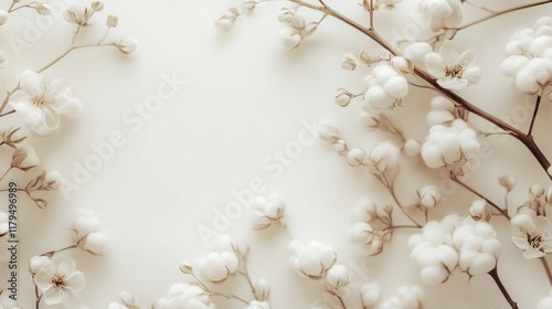Branch white fluffy cotton flowers flat lay. Delicate light beauty cotton background. Natural organic fiber, agriculture, cotton seeds, raw materials for making fabric copy space generative