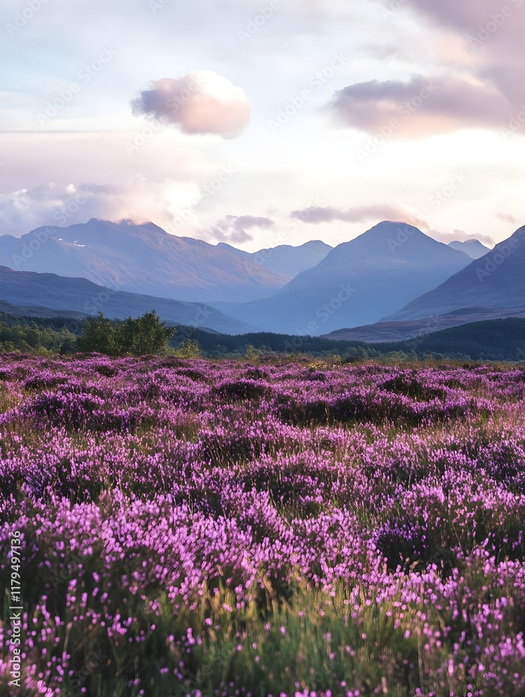 A meadow covered in soft purple heather with mountains in the background. A meadow covered in soft purple heather with mountains in the background.