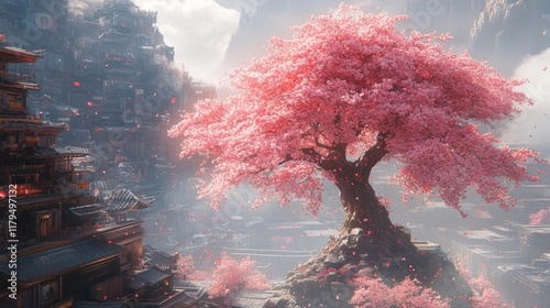 Vibrant pink cherry blossom tree in a scenic urban backdrop. Generative AI photo