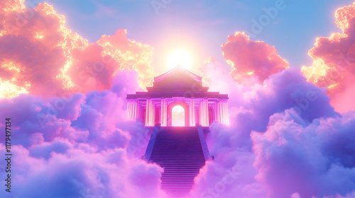 A majestic temple rises through vibrant clouds, illuminated by a radiant sun.